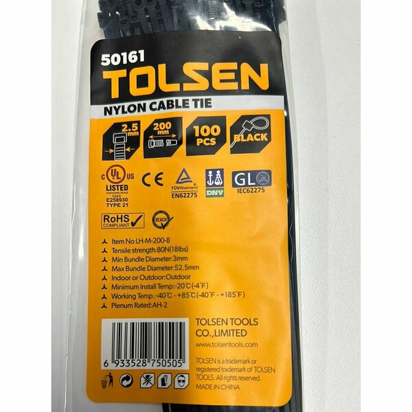 Tolsen 8-in. /200mm x 2.5mm Black Cable Tie UV Rated Nylon, 100PK 50161